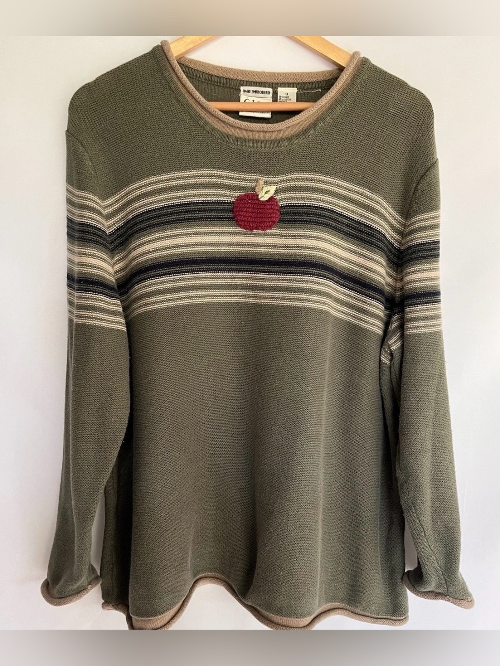 Vintage C.J. Banks Women's Green Striped Roll Neck Sweater Apple Teachercore 1X